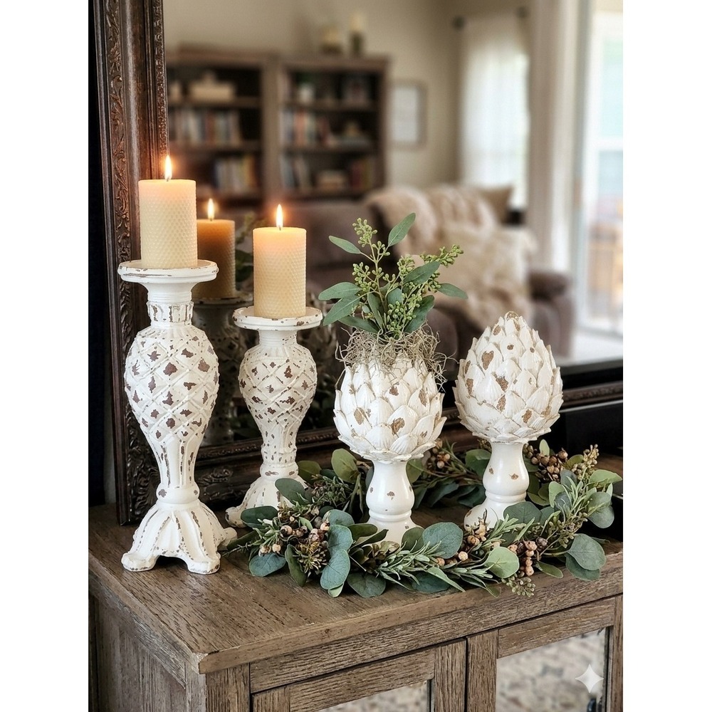 Shabby Chic Distressed White Candle Holder and Artichoke Finial 4 Piece Set